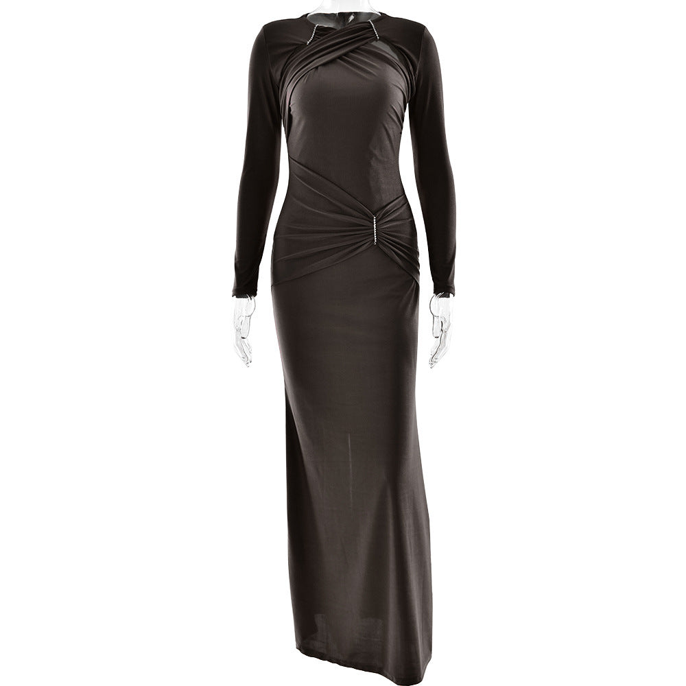 Dress Women round Neck Long Sleeve Sexy Slim Pleated Maxi Dress Elegant Dress