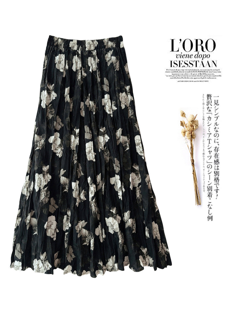 Camellia Retro Pleated Skirt Summer Printed Cover Slimming Large Hem Casual Dress