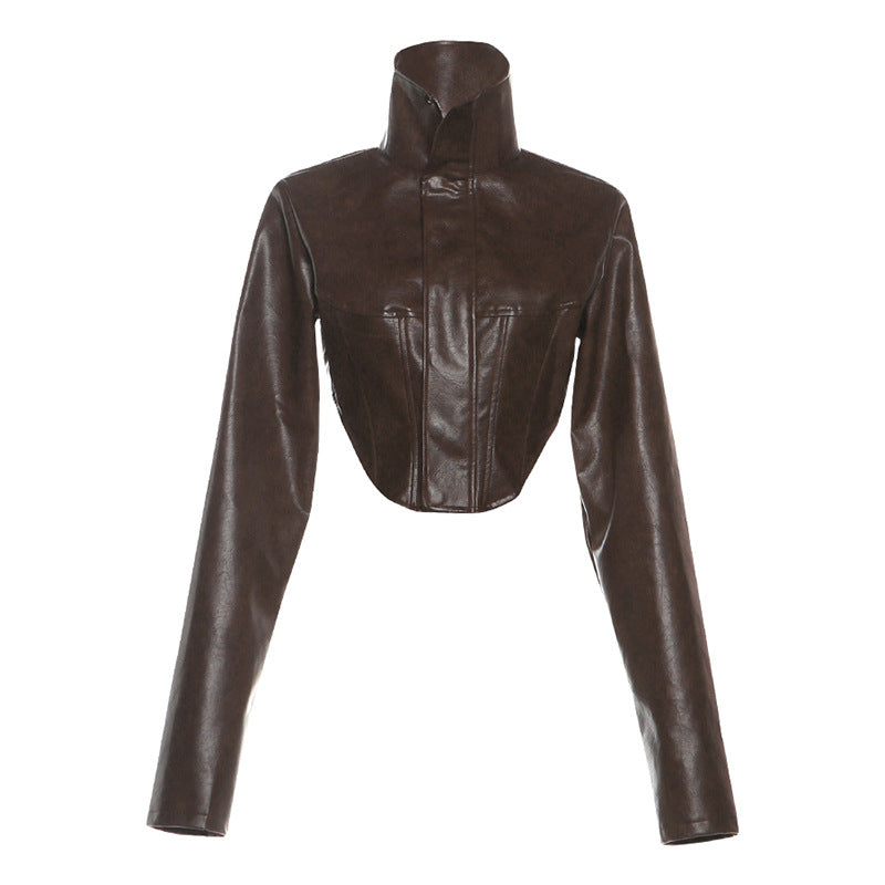 Autumn Winter Slim Slimming High Collar Solid Color Zipper Short Faux Leather Coat Women Clothing