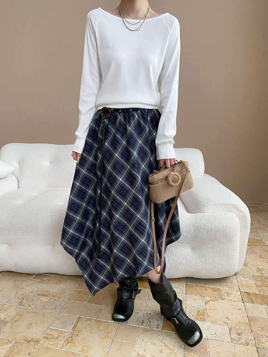 Blogger Love Product Irregular Asymmetric Design Elastic High Waist Contrast Color Check Skirt