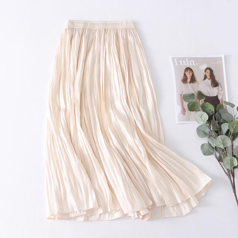 Autumn Willow Pleated Skirt Women Korean High Waist Satin Elegant Big Hem A line Skirt