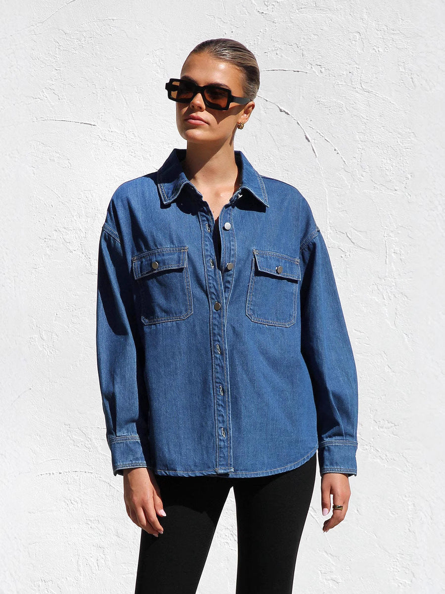 Denim Shirt Women Casual All Match Double Pocket Loose Shirt