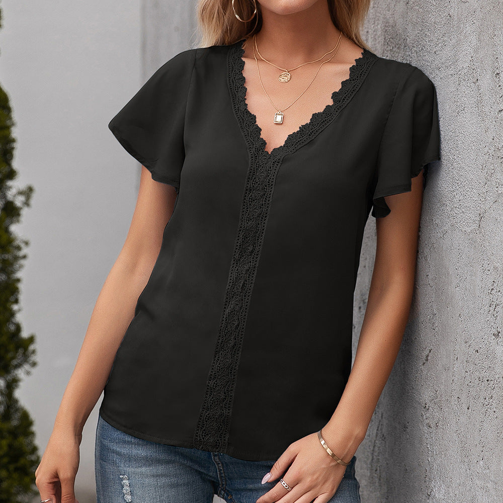 Summer Simple Ladies V neck Casual Loose Hollow Out Women