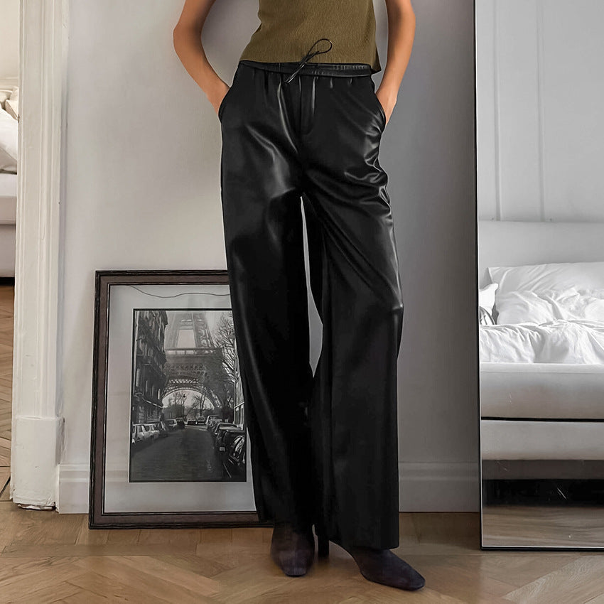 Fall Winter Sexy Elegant Gray Fleece Lining Matte Leather Pants Retro High Waist Women Casual Slacks