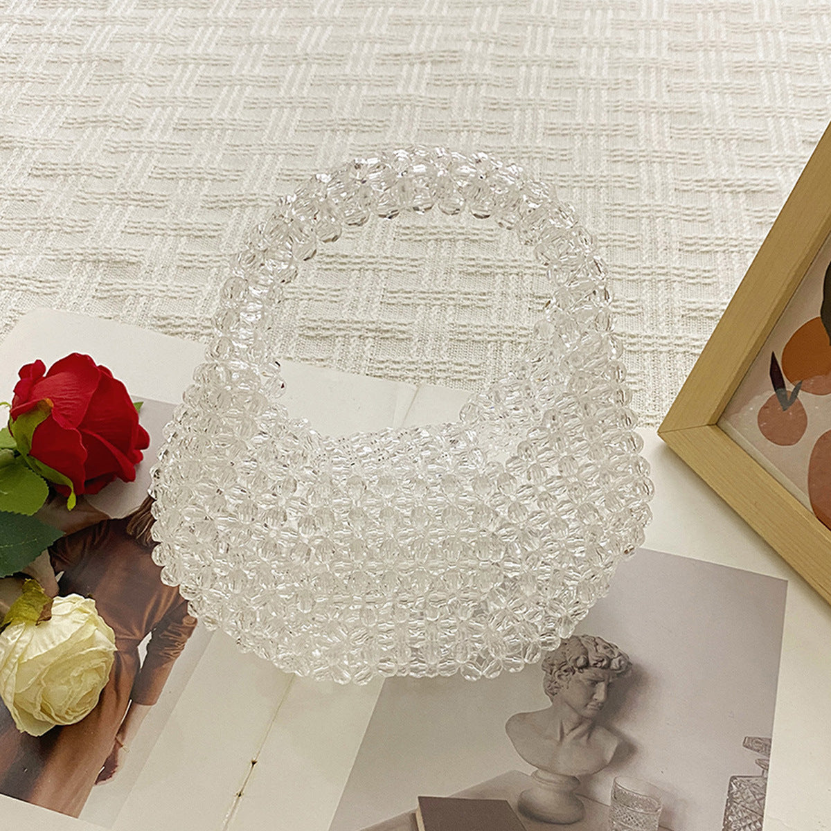 Fashionable Elegant High Grade Handmade Beaded Imitation Pearl Pillow Dumpling Woven Bag French Entry Lux Handbag