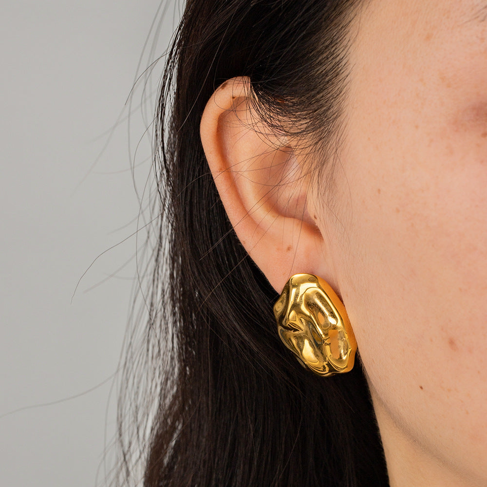 18K Gold Plated Stainless Steel Irregular Asymmetric Hammered Stud Earrings Women Non Fading Earrings