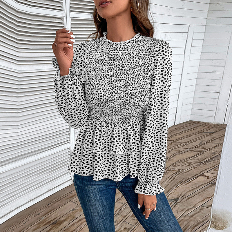 Autumn Women Clothing Mid Collar Printed Long Sleeve Shirt