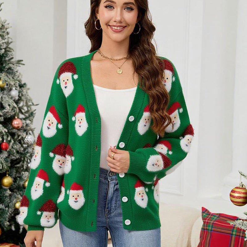 Women Casual Santa Claus Brocade Sweater Cardigan Autumn Winter Christmas Sweater
