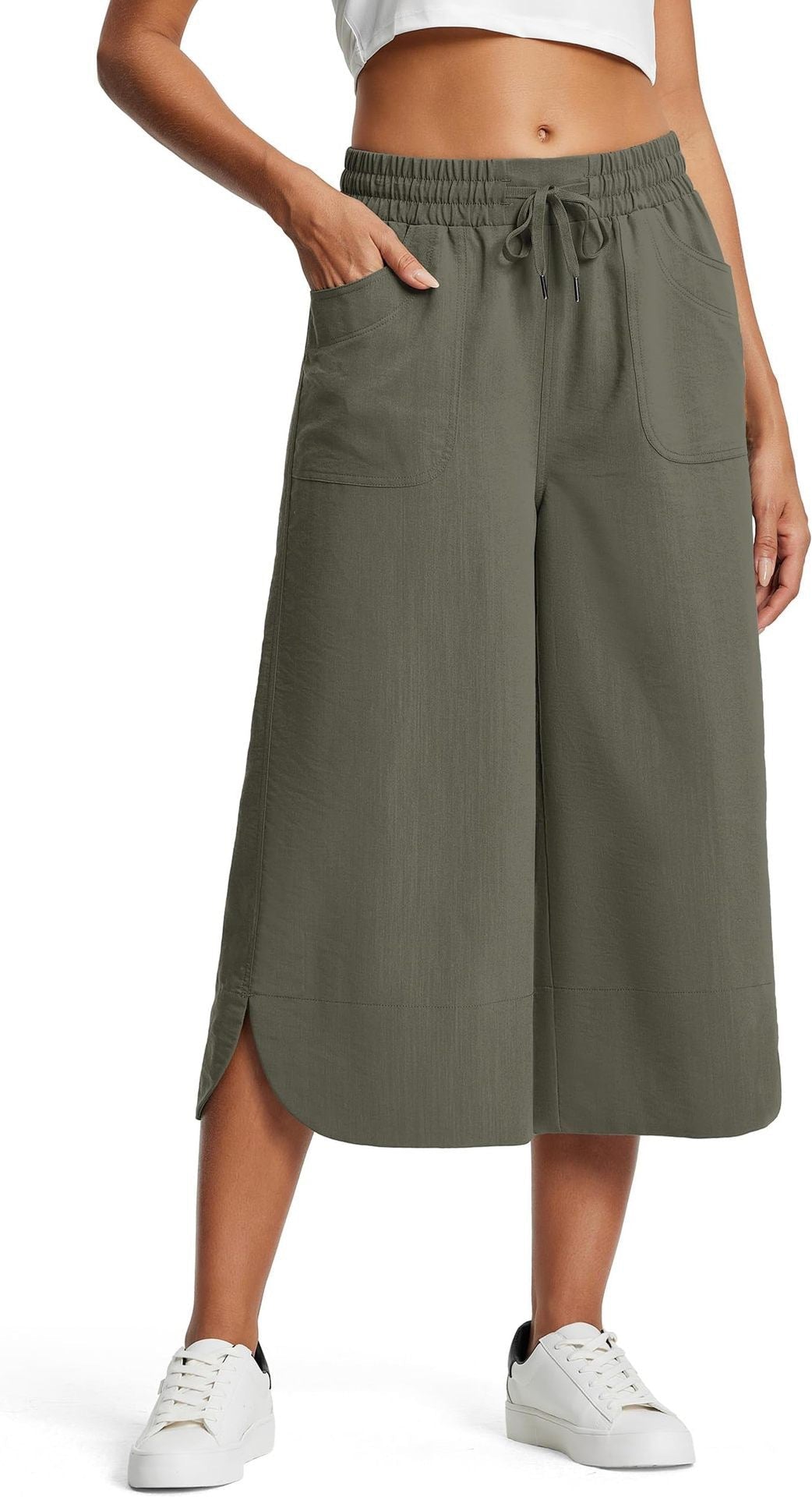 Spring Summer Elastic Waist Solid Color Wide Leg Loose Casual Cropped Pants for Women