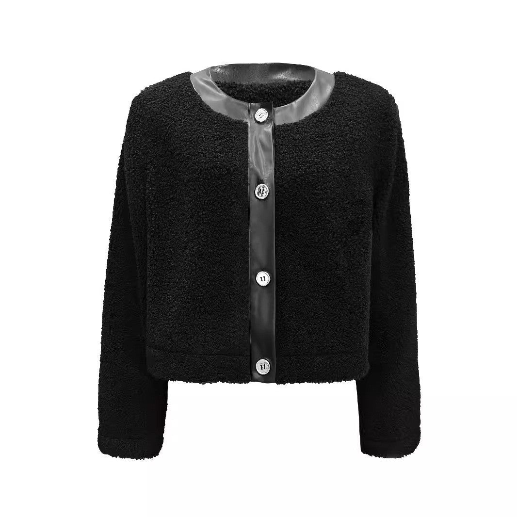 Casual Office All Matching Faux Fur Stitching Leather Jacket Women Autumn Winter round Neck Short Long Sleeved Coat Women Clothing