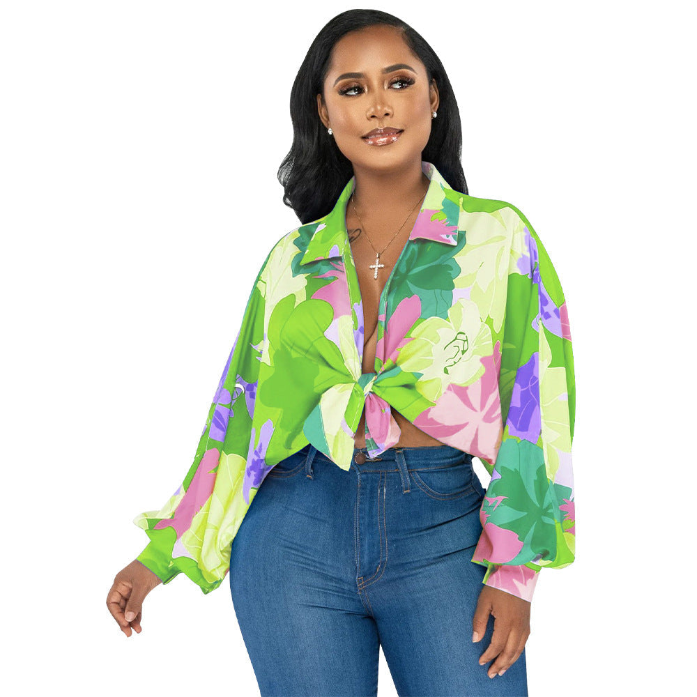 Women Clothing Batwing Sleeve Top Collared Print Shirt