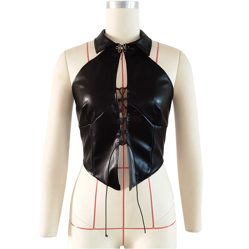 Women Clothing Summer Sexy Strap Backless Sleeveless Vest Club Wear Punk Leather Vest