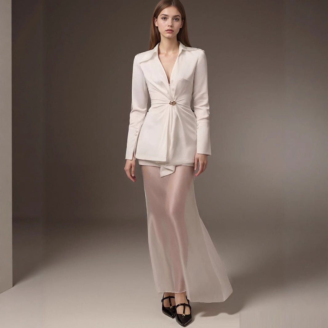 White Shirt Waist-Controlled Top V neck Metal Buckle Simple Elegant Office Satin Shirt for Women