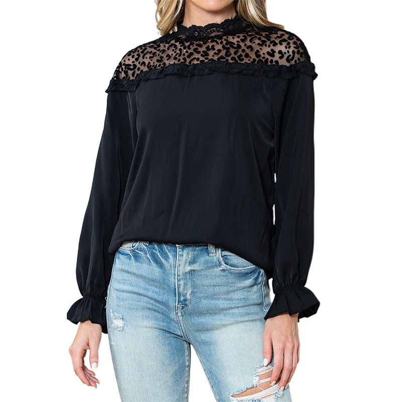 Ruffles Design Pullover Women Casual All Match Leopard Print Stitching Long Sleeve T Shirt Women