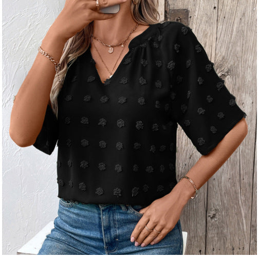 Women Comfortable Loose Jacquard V Neck Short Sleeved Top Women