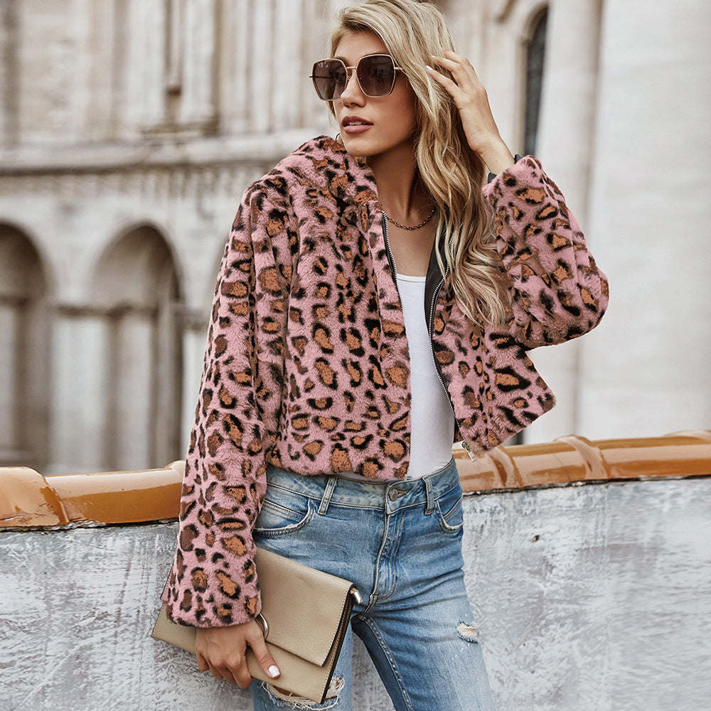 Casual Hooded Faux Fur Leopard Coat Plush Short Coat Fall Winter Jacket