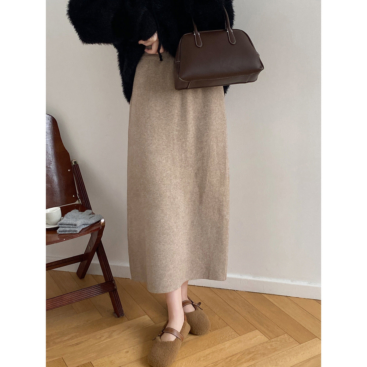 Knitted Skirt for Women Autumn Winter Niche A line High Waist Mid Length Knitted Skirt