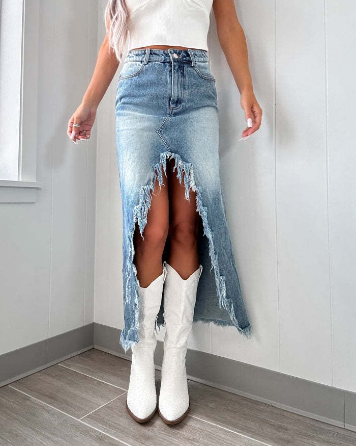 Spring High Waist Irregular Asymmetric Raw Hem Denim Skirt Women Worn Looking Washed out Skirt