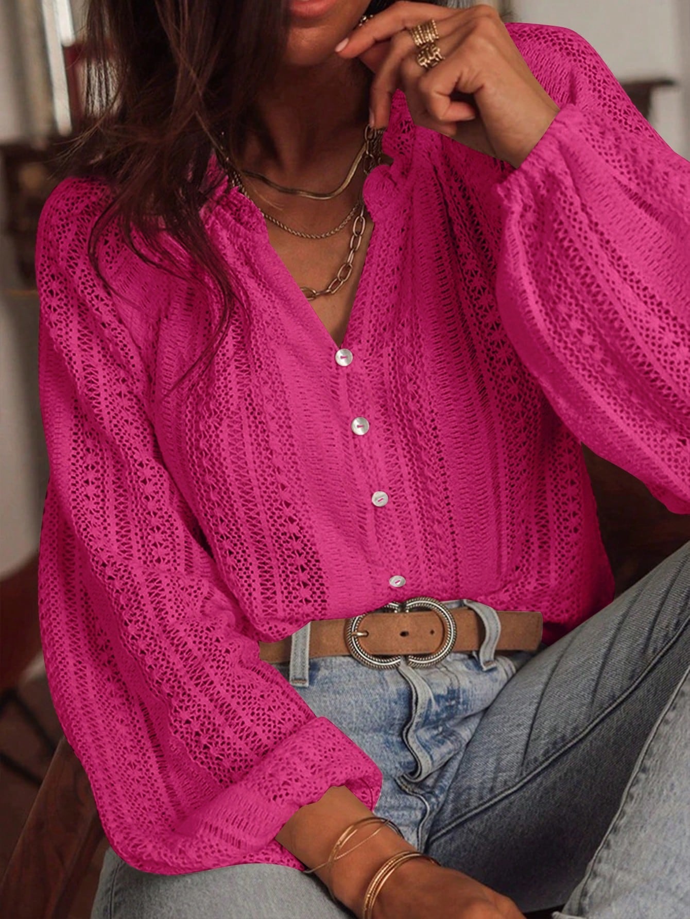 Spring Autumn Loose Hollow Out Cutout Lace V neck Single Breasted Long Sleeve Shirt