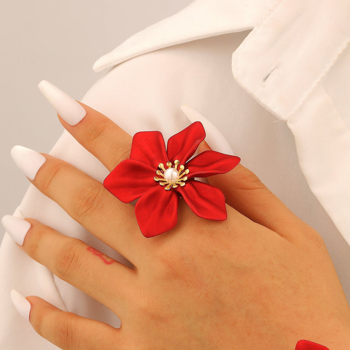 Fashion Luxury Faux Pearl Flower Jewelry Set Necklace Bracelet Ring Earrings