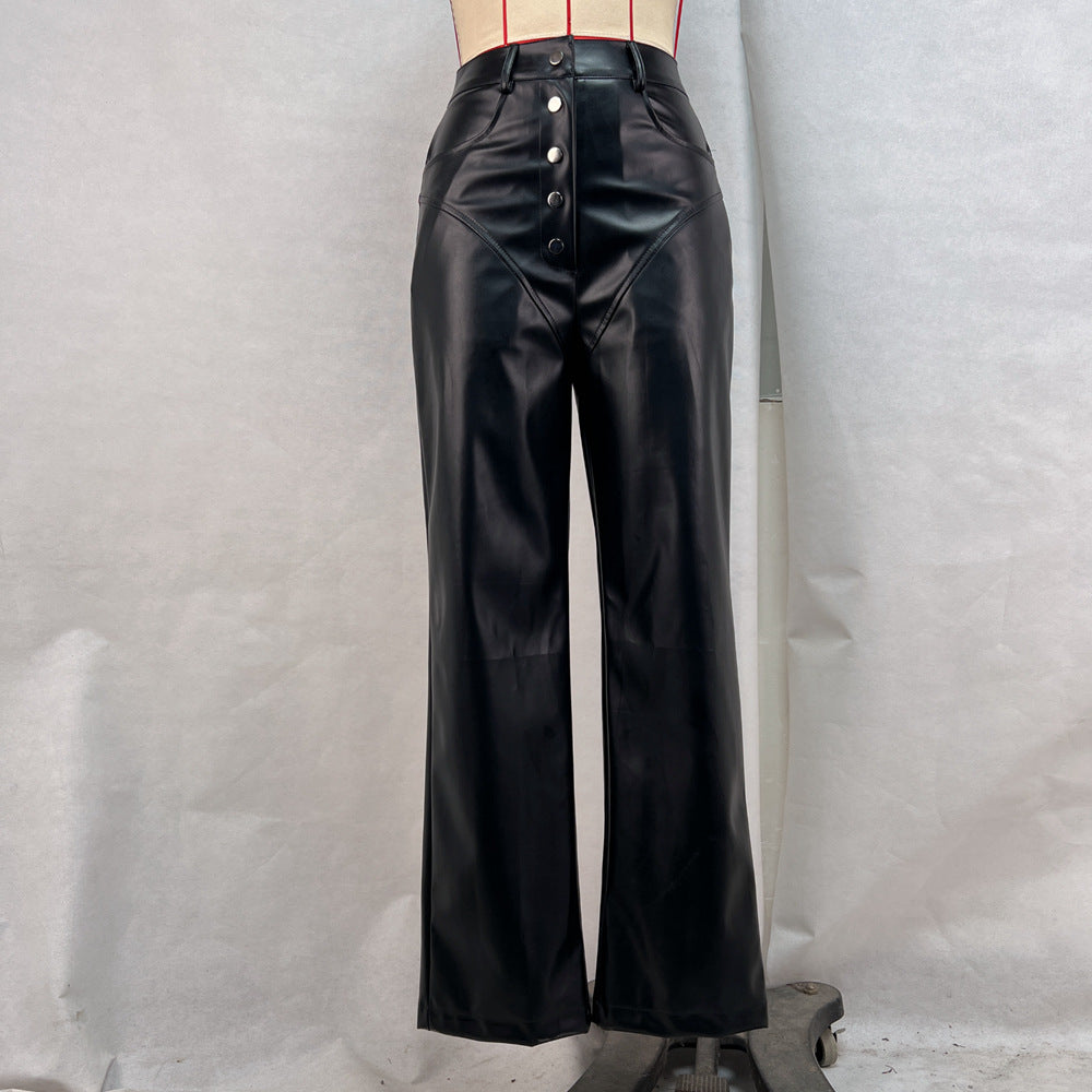Women Autumn Winter High Waist Leather Stitching Trousers Women Casual Pants Leather Pants