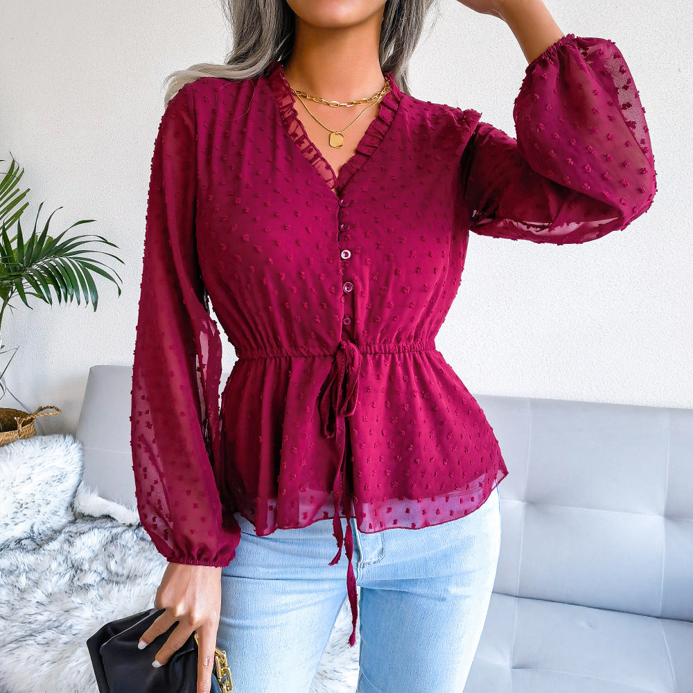 Spring Summer Lantern Long Sleeve Ruffled Tied Fitted Waist Polka Dots Chiffon Shirt Women Clothing