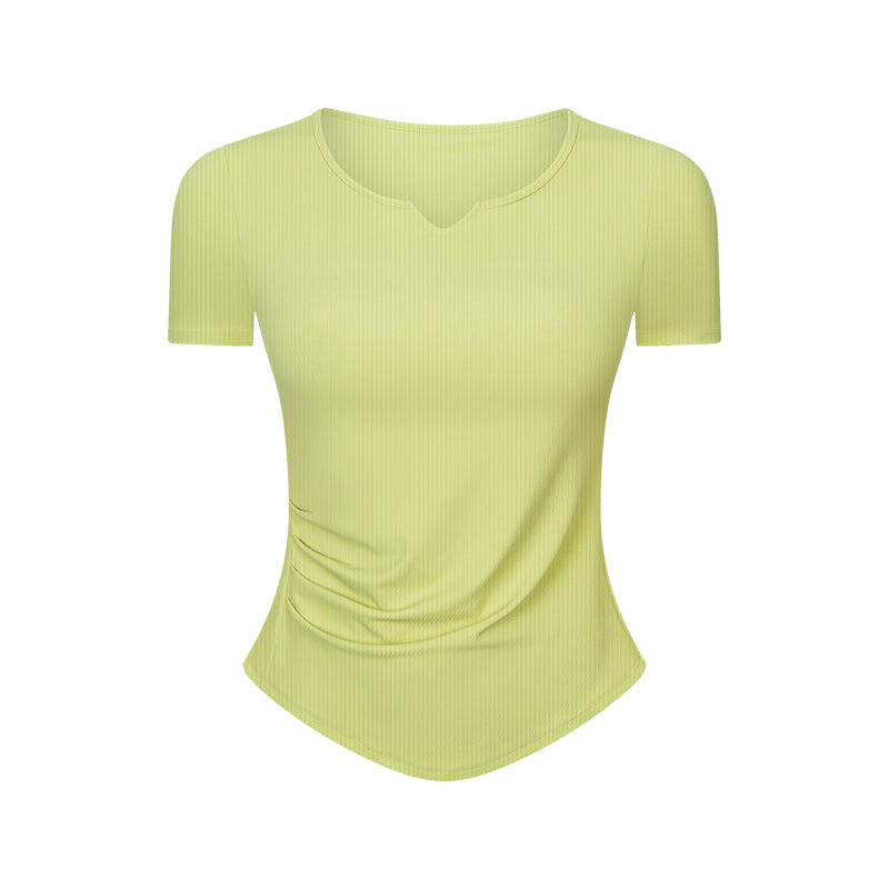Stripe Rib Pleated Small V neck Sports Short Sleeve Women Fitness Running Slim Slimming Yoga Jacket