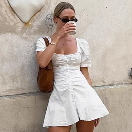 Cotton White U Collar High Waist Puff Sleeve Dress Summer Short Dress Women