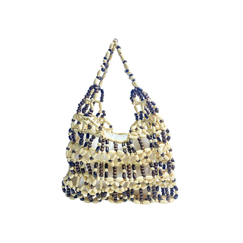 Special Interest Design Casual All Match Handmade Beaded Color Matching Hollow Out Cutout out Woven Vacation Beach Handbag
