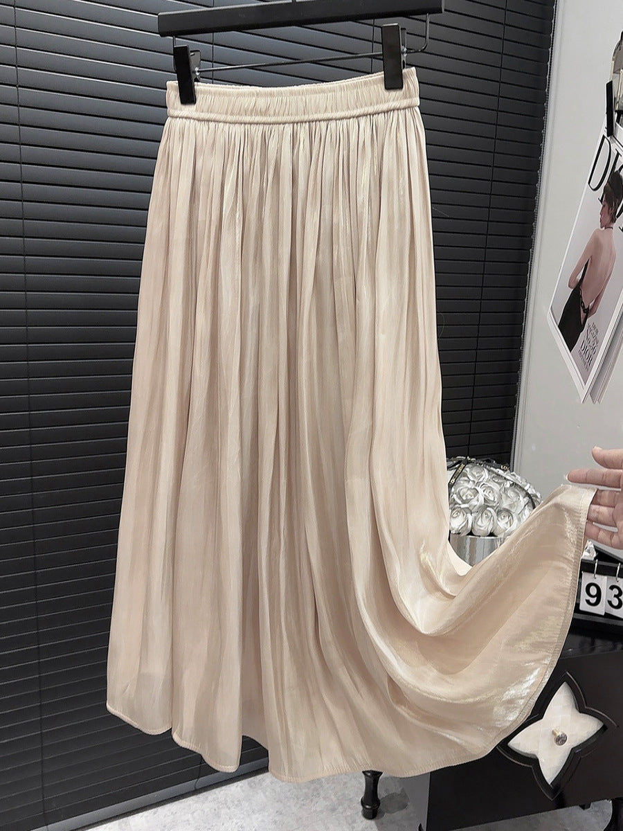 High Grade Glossy Pearlescent Chiffon Pleated Skirt Retro Fashionable Pleated Drooping Slimming High Waist A line Skirt