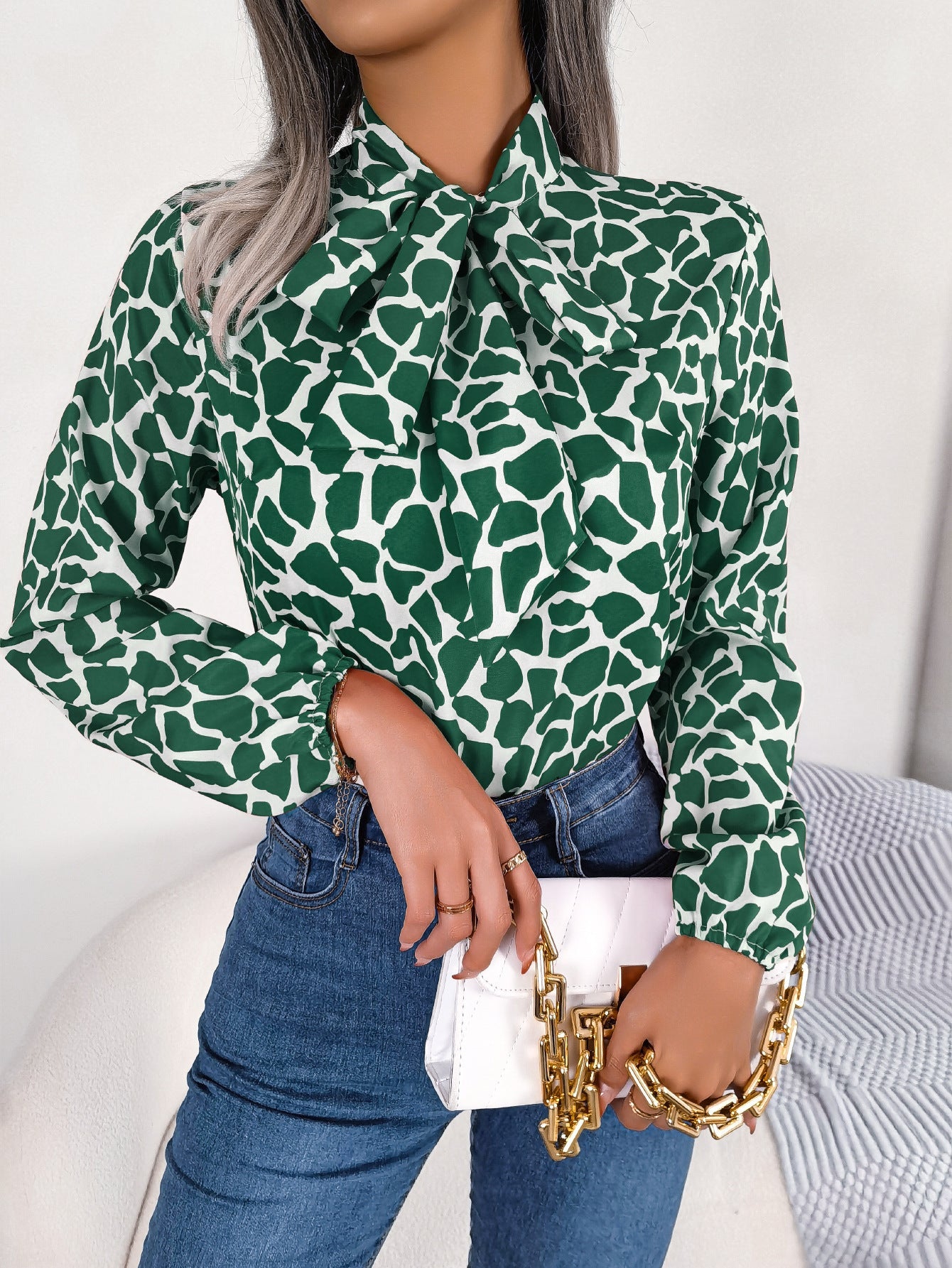 Autumn Winter Contrast Color Lace Up Lantern Sleeve Chiffon Shirt Top Women Clothing