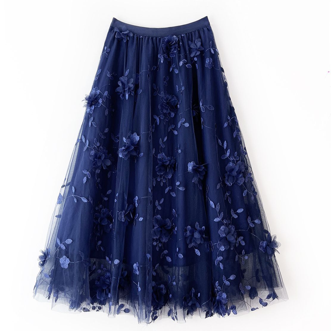 Mesh Embroidered Skirt Gentle Mid Length Skirt Three Dimensional Floral Heavy Work Gauze Skirt Fresh Fairy Dress