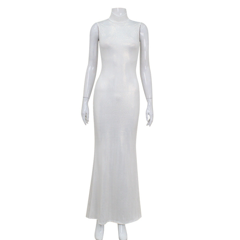 Women Half Turtleneck Sleeveless Dress Solid Color Slim Fishtail Dress Women Summer