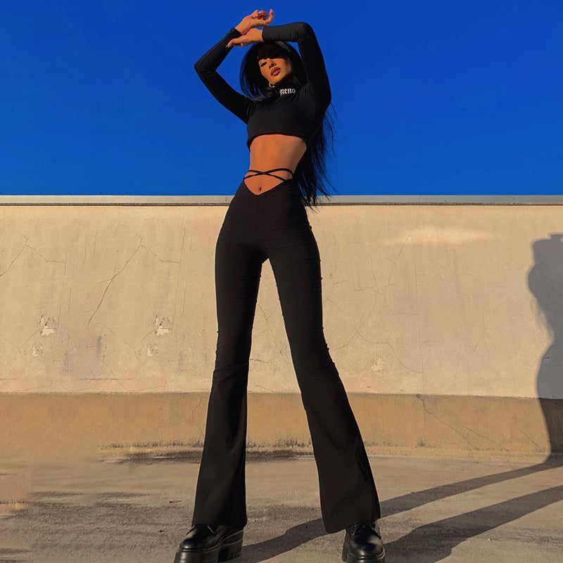 Spring New V Shaped Waist cropped Criss Cross Strap Solid Color Flared Casual Pants Women