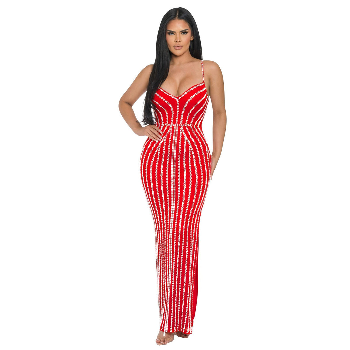 Women Wear Solid Color Chest Wrapped Rhinestone Strap Maxi Dress