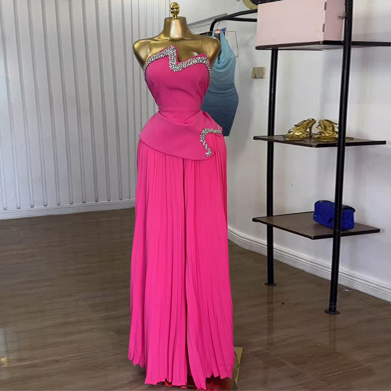 Women Summer Heavy Industry Tube Top with Diamond Irregular Asymmetric Top Pleated Wide Leg Trousers Set