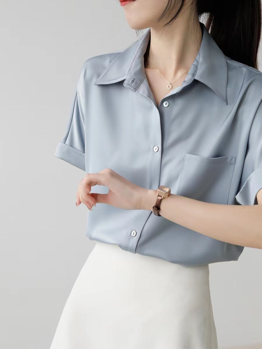 Summer Casual Satin Satin Short Sleeved Shirt Korean Professional White Collar Office Interview Shirt