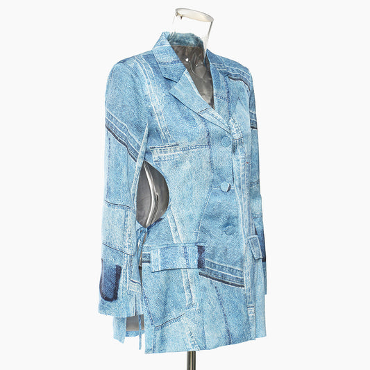 Fall Winter Cowboy Graffiti Printing Satin Material Cropped Outfit Blazer