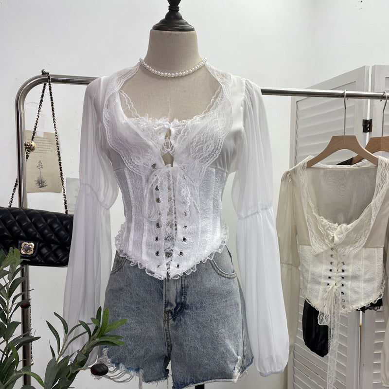 Real Shot French Royal Lace up Waist Controlled Boning Corset Shirt Lace Small Shirt Back Waist Smocking Short Top