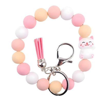PU Tassel Keychain Bag charm Silicone Beaded Keychain Wristlet Key Ring Bracelet Cute Car Key Chain Holder for Women Girls