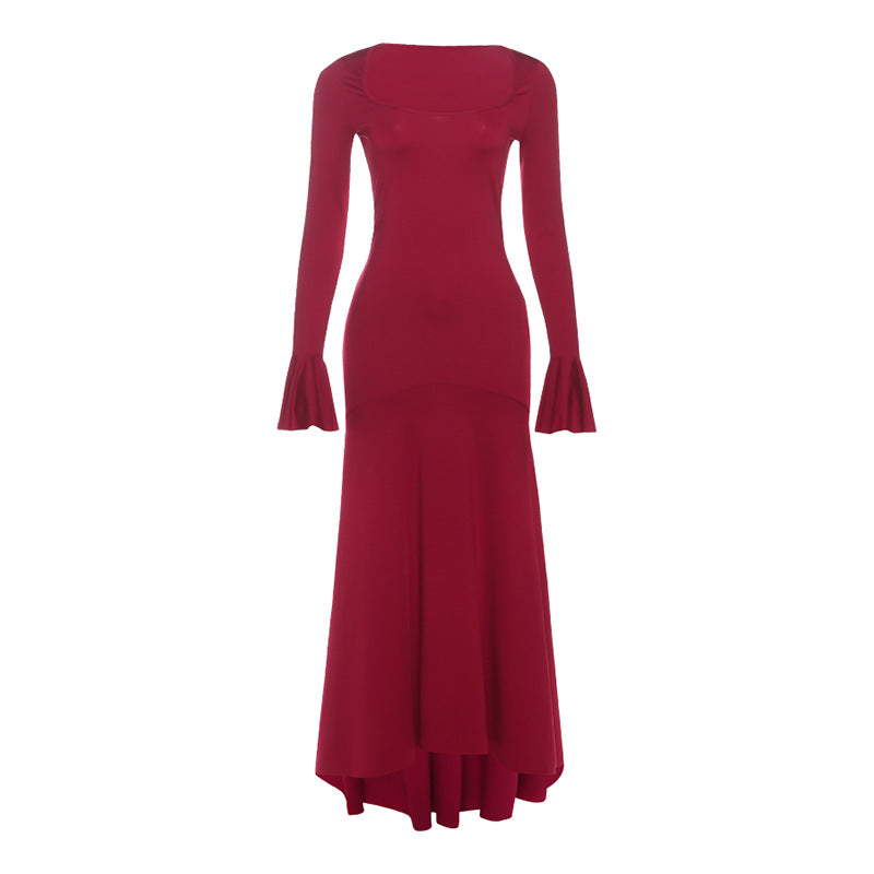 Autumn Winter Women Clothing Sexy U Collar Slim Slimming Solid Color Bell Sleeve Dress for Women