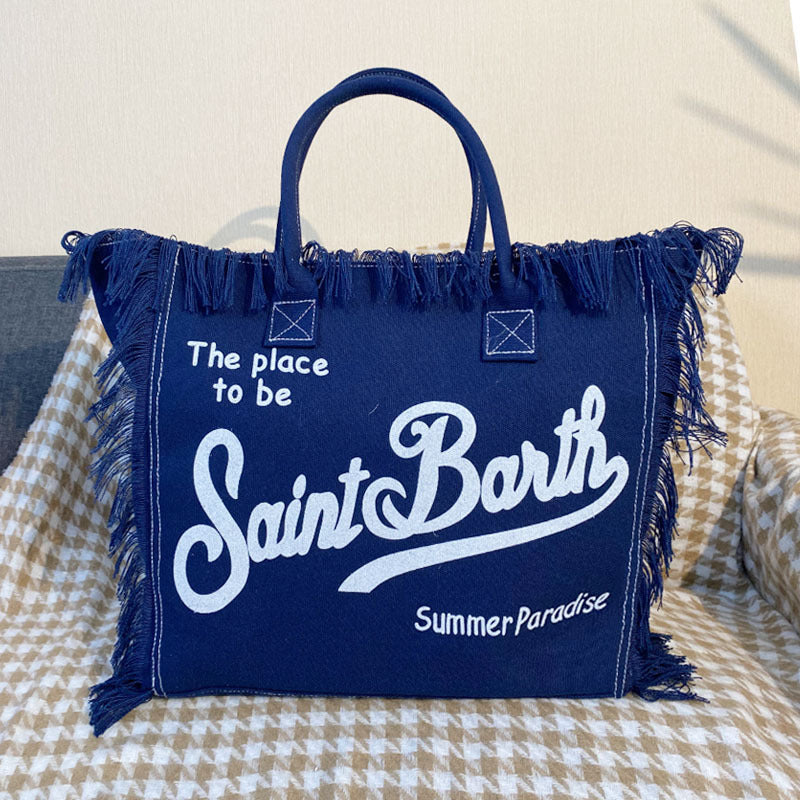 Large Beach Shoulder Commuter Tote – Handmade Fringe Denim Printed Bag, Casual Travel Shopper