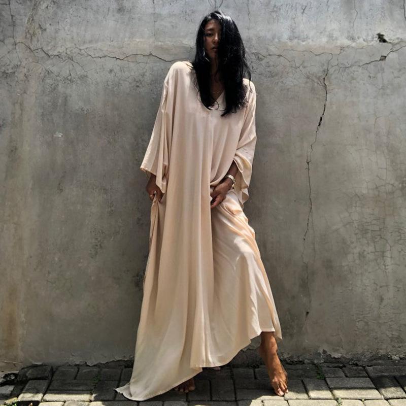 Rayon Loose Robe Beach Cover Up Sexy V Neck Headband Belt Sun Protection Dress Women