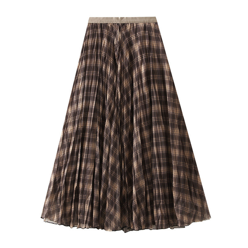 Fall Brown Plaid Skirt Women High Grade A line Large Hem High Waist Slimming Mid Length Skirt