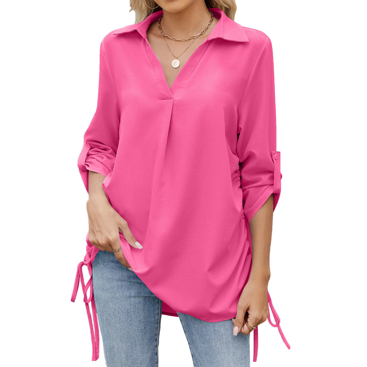 Spring Summer Solid Color Polo Collar Loose Half Sleeve Shirt Chiffon Blouses Women