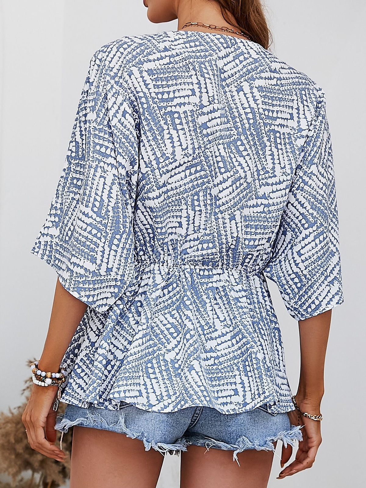 Summer Shirt V Neck Batwing Sleeve Loose Waist Trimming Printing Top Women