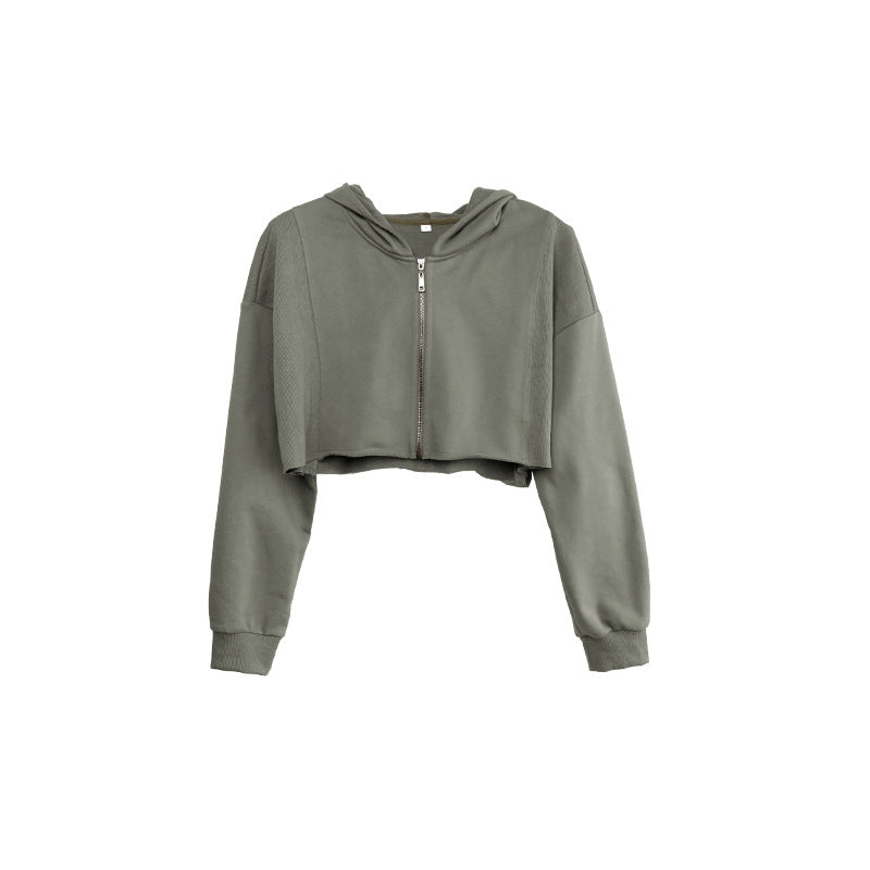 Short Hooded Zipper Sweatshirt Sports Coat Women Autumn Winter Cropped Solid Color Top