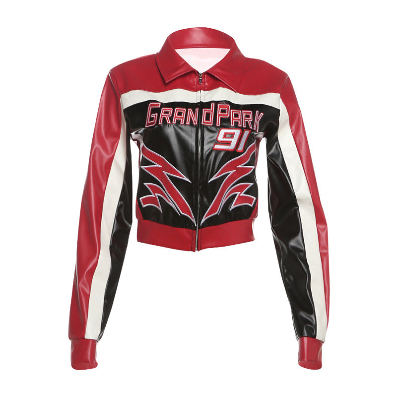 Autumn Winter Sexy Street Embroidery Collared Waist Tight Cropped Short Zipper Coat Women