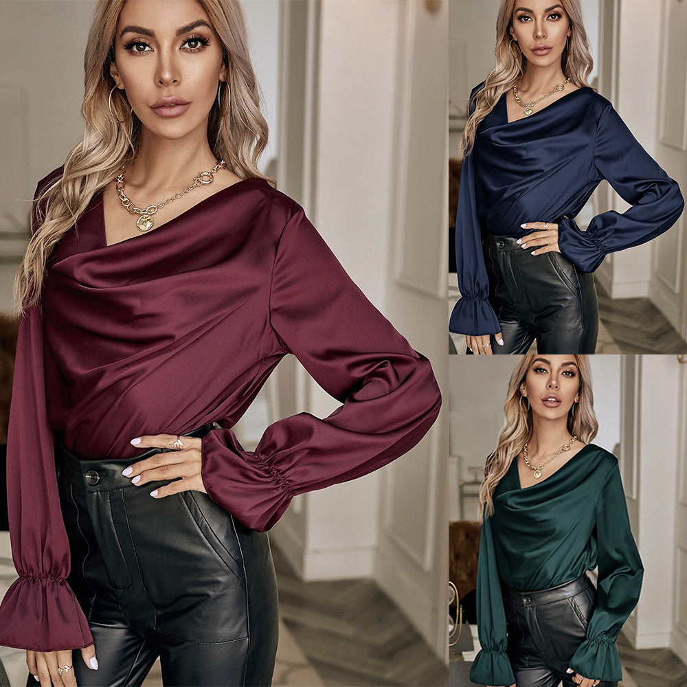 Autumn Winter Elegant Graceful Satin Pullover Pile Collar Straight Women Shirt