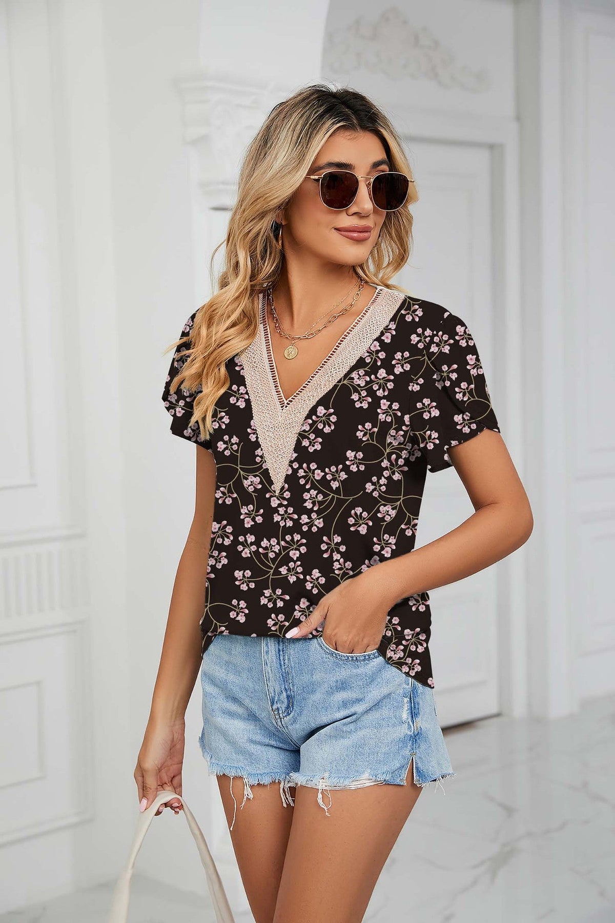 Spring Summer Golden Lace V Neck Petal Short Sleeve Floral T Shirt Top